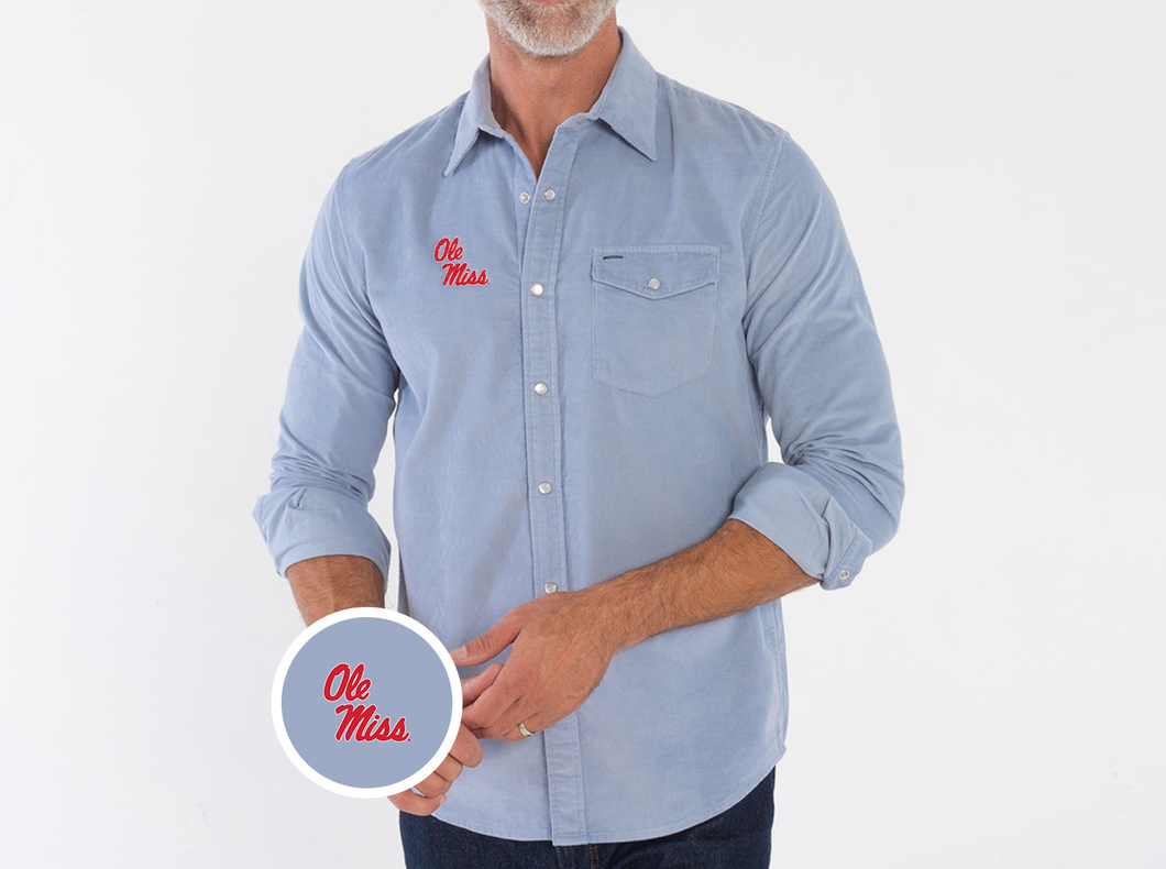 Ole Miss - Corduroy Pearl Snap - Stacked - Iced Blue