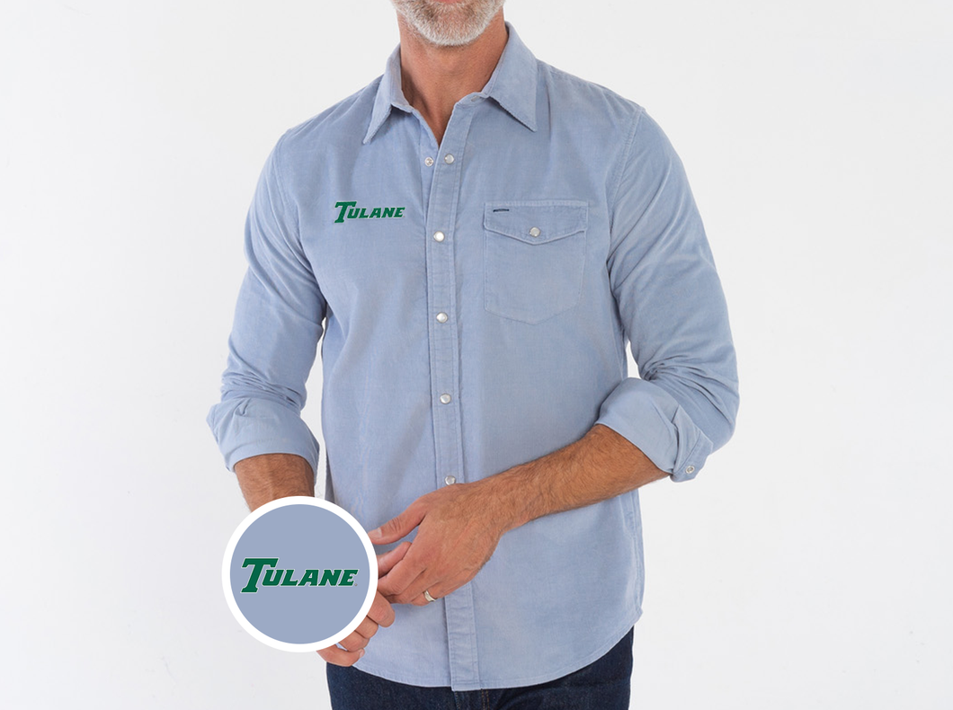 Tulane - Corduroy Pearl Snap - Text - Iced Blue